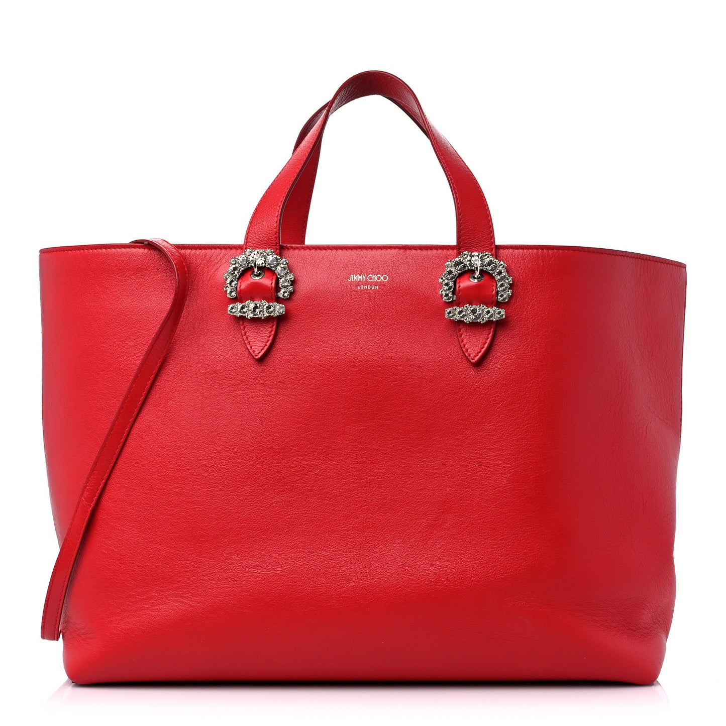 Calfskin Crystal Buckle Shopping Tote Red