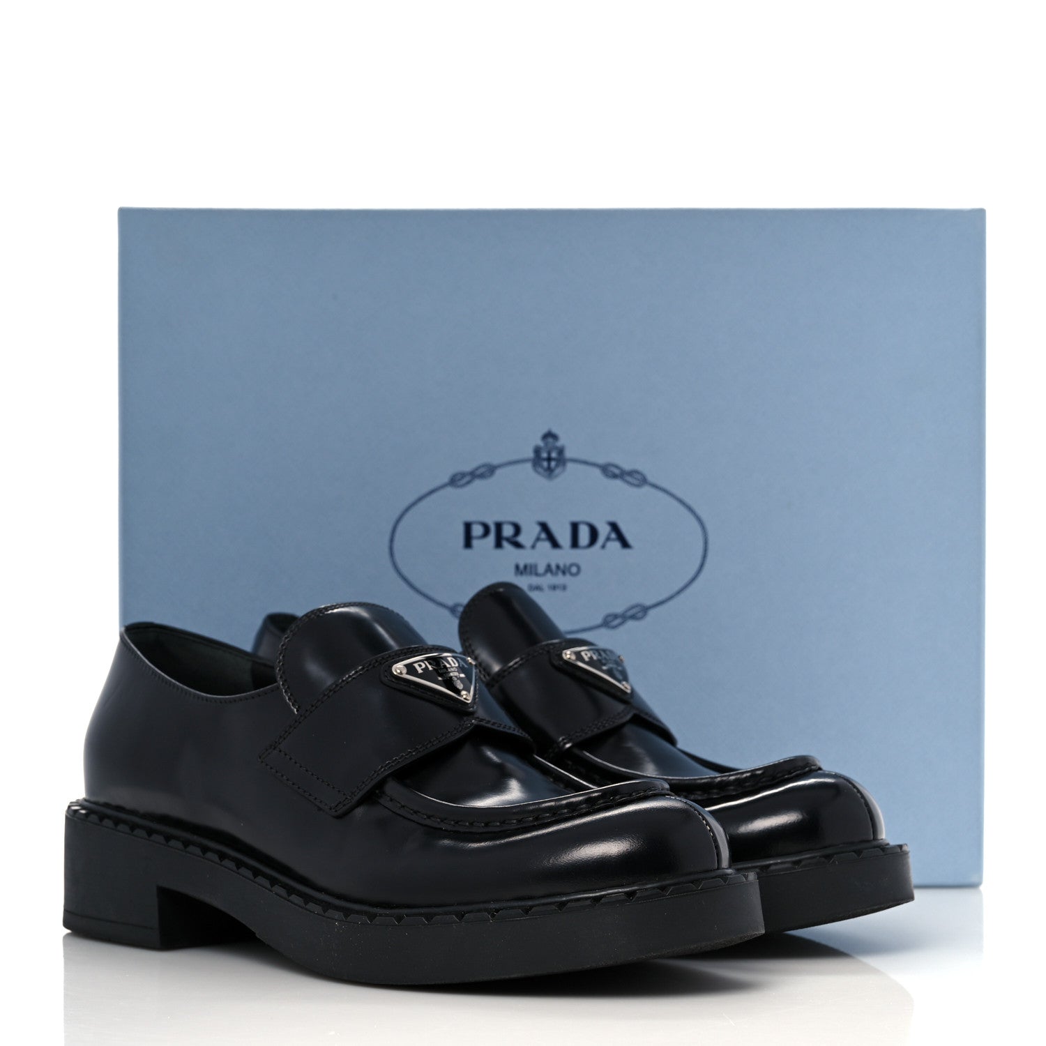 Prada Spazzolato Metal Triangle Logo 50mm Loafers 39 Black 12 of 12