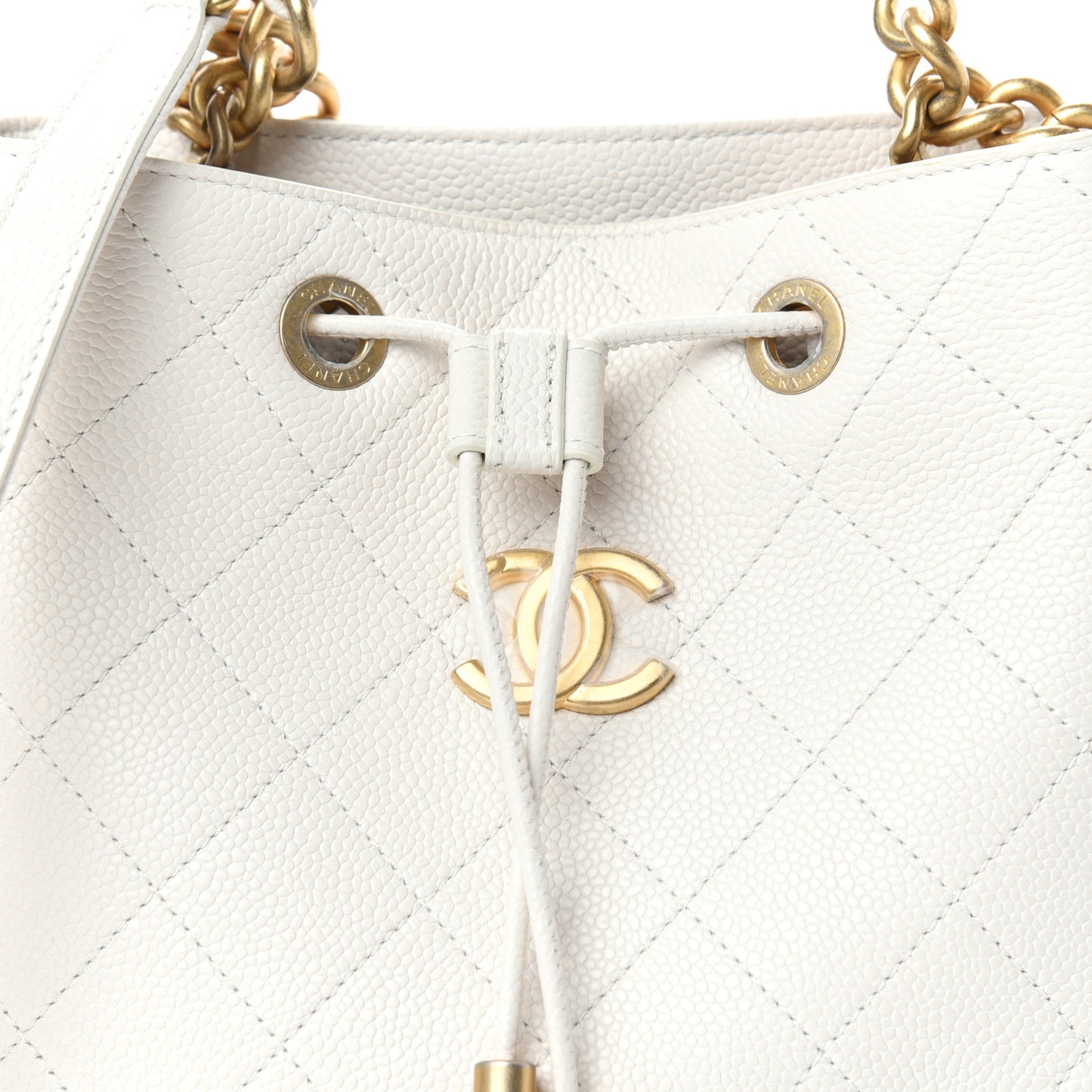 Grained Calfskin Stitched Small Drawstring Bag White