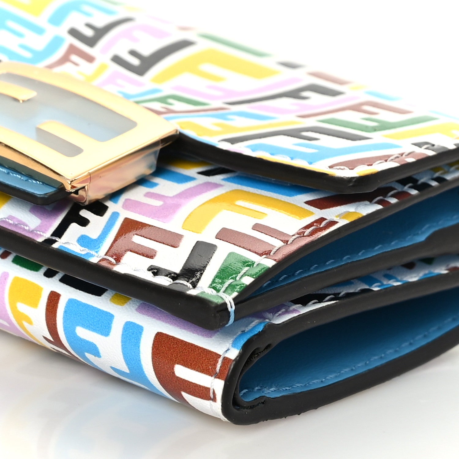 Fendi X SARAH COLEMAN Vitello Liberty Ceylon Micro FF Fish Eye Embossed Tri-Fold Wallet Multicolor Cyber Blue 9 of 9