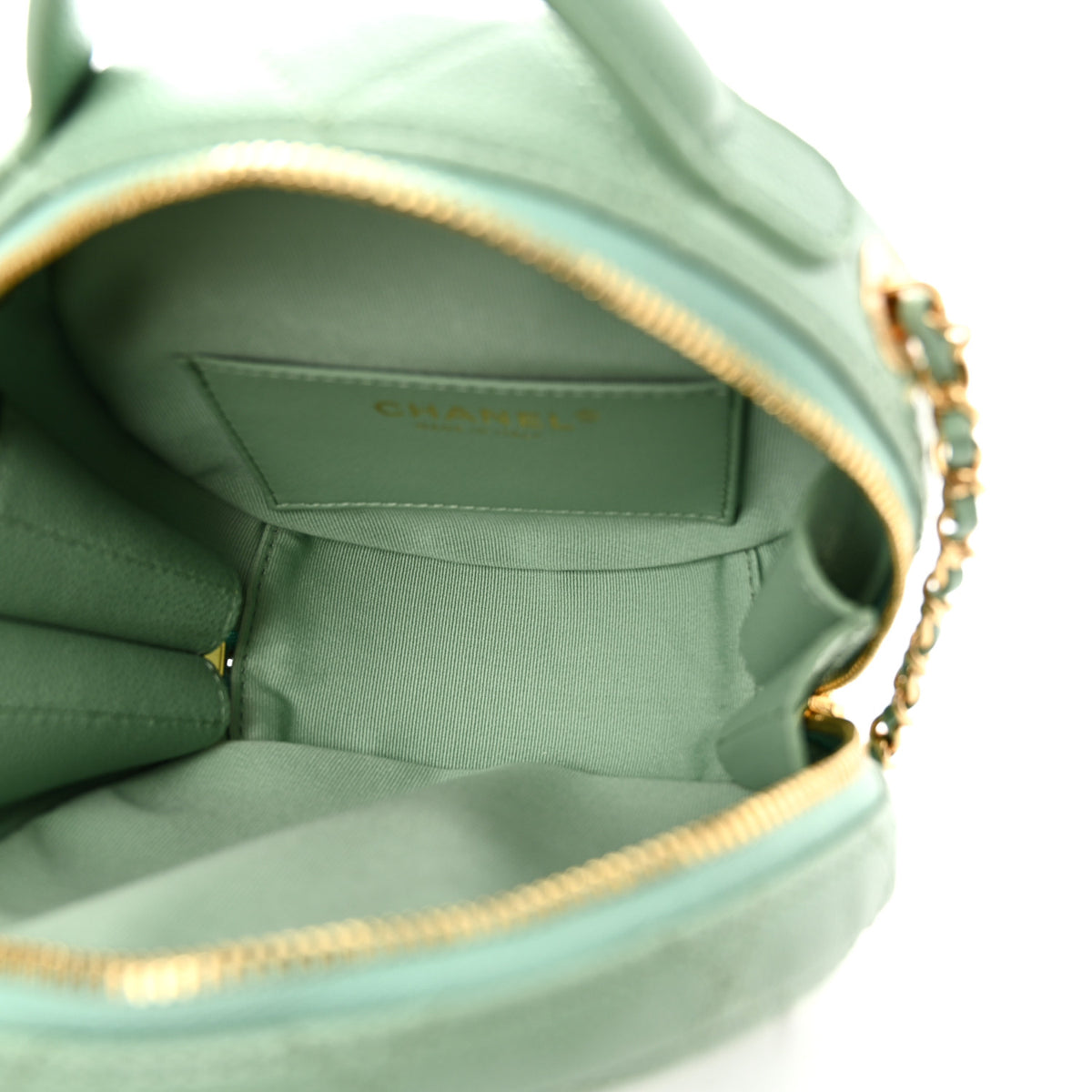 Caviar Quilted Small Round Vanity With Chain Light Green