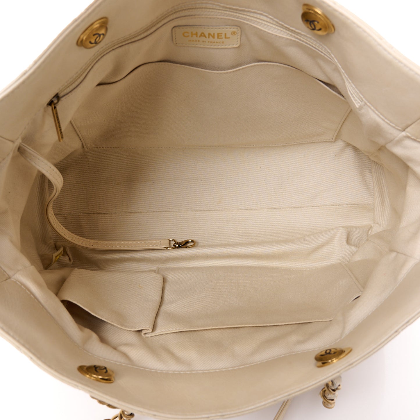 Glazed Calfskin Quilted Large Front Pocket Tote Beige