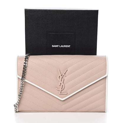 Saint Laurent Grain De Poudre Matelasse Chevron Monogram Chain Wallet Pink and White 12 of 12