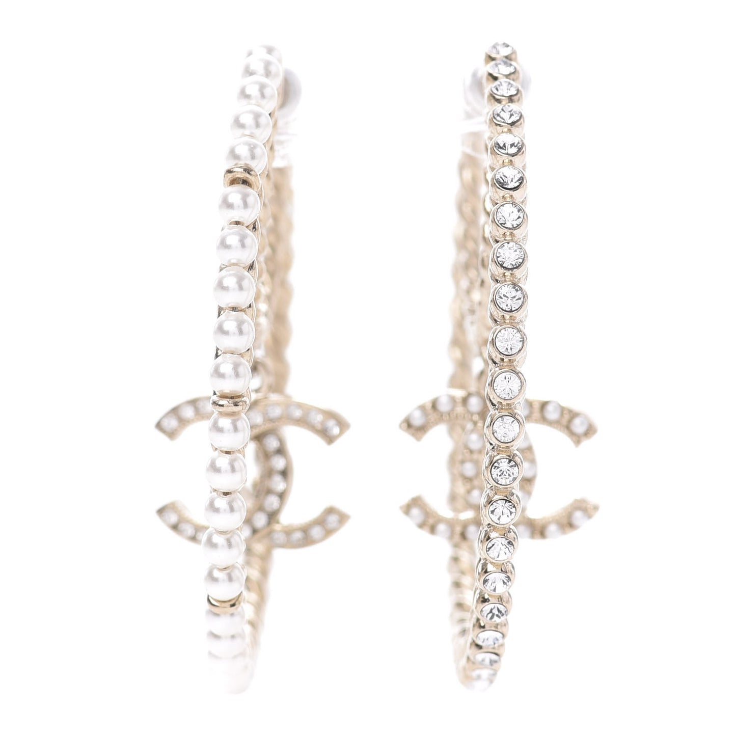 Crystal Pearl CC Drop Hoop Earrings Gold Pearly White