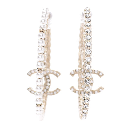 Chanel Crystal Pearl CC Drop Hoop Earrings Gold Pearly White 1 of 7