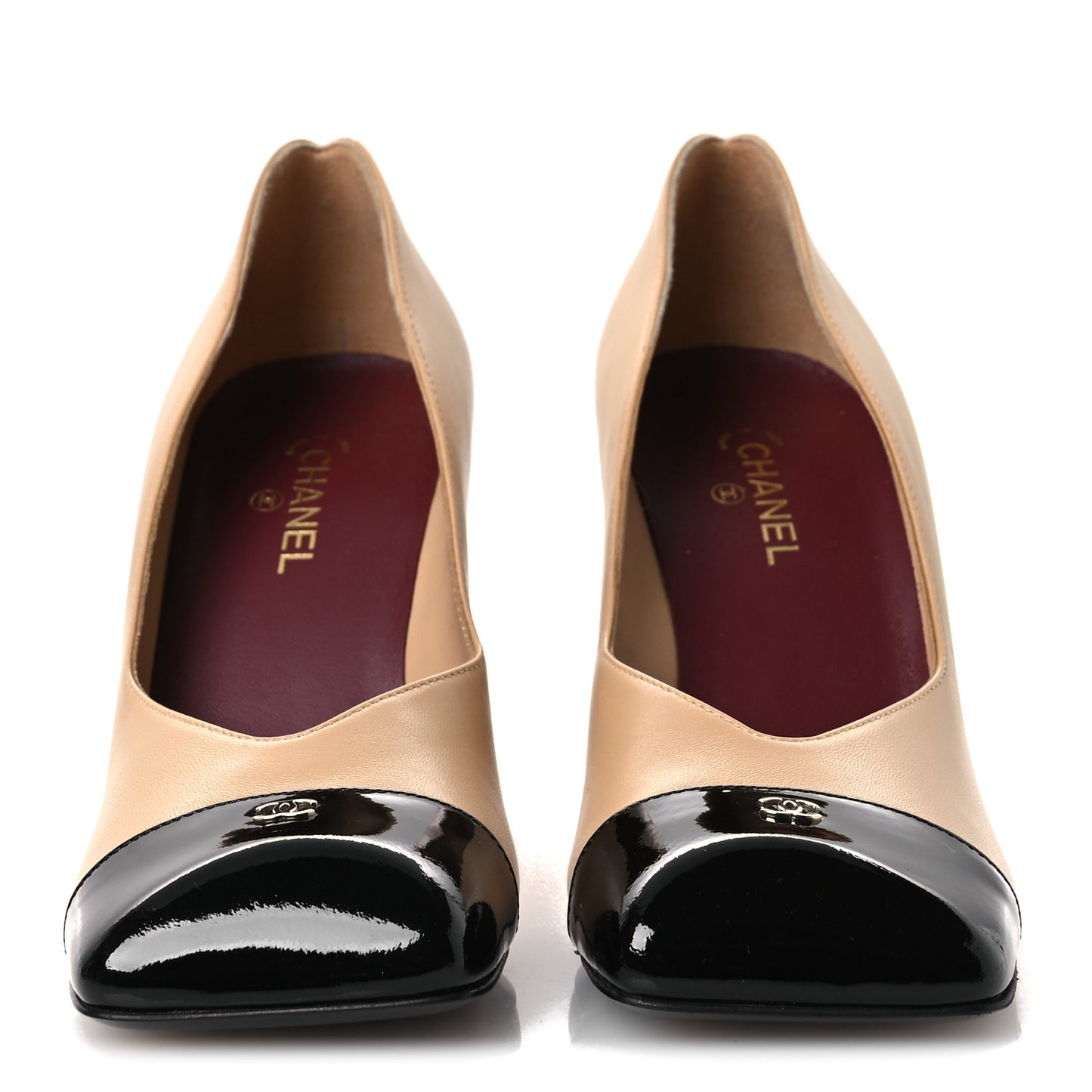 Lambskin Patent Calfskin Cap Toe Pumps 37 Beige Black