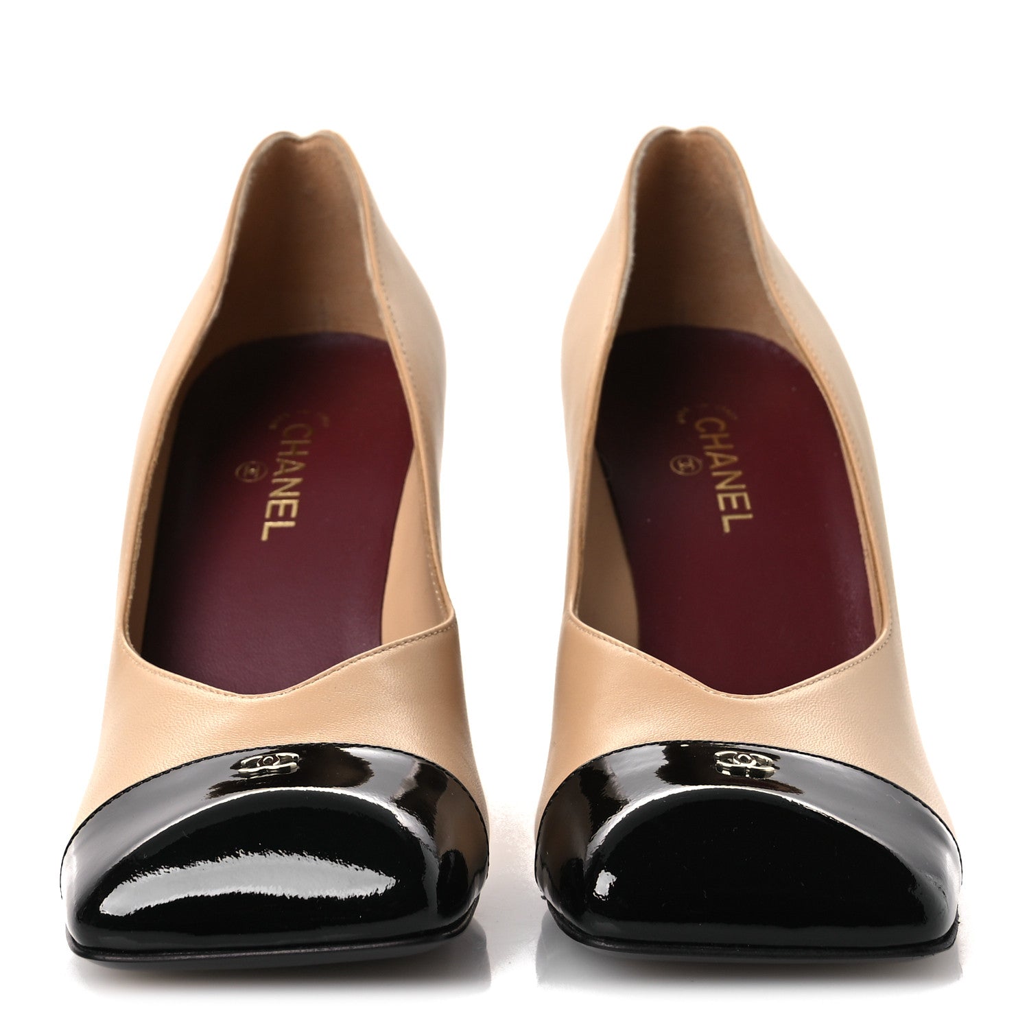 Chanel Lambskin Patent Calfskin Cap Toe Pumps 37 Beige Black 3 of 10