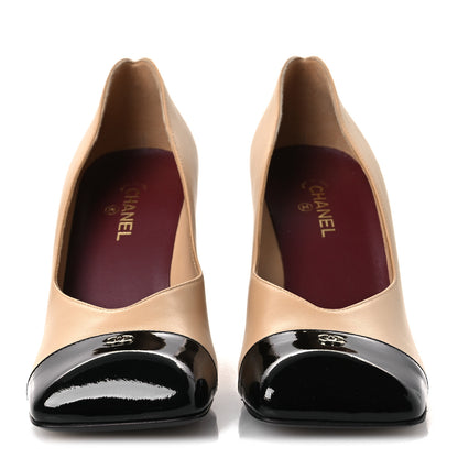 Chanel Lambskin Patent Calfskin Cap Toe Pumps 37 Beige Black 3 of 10