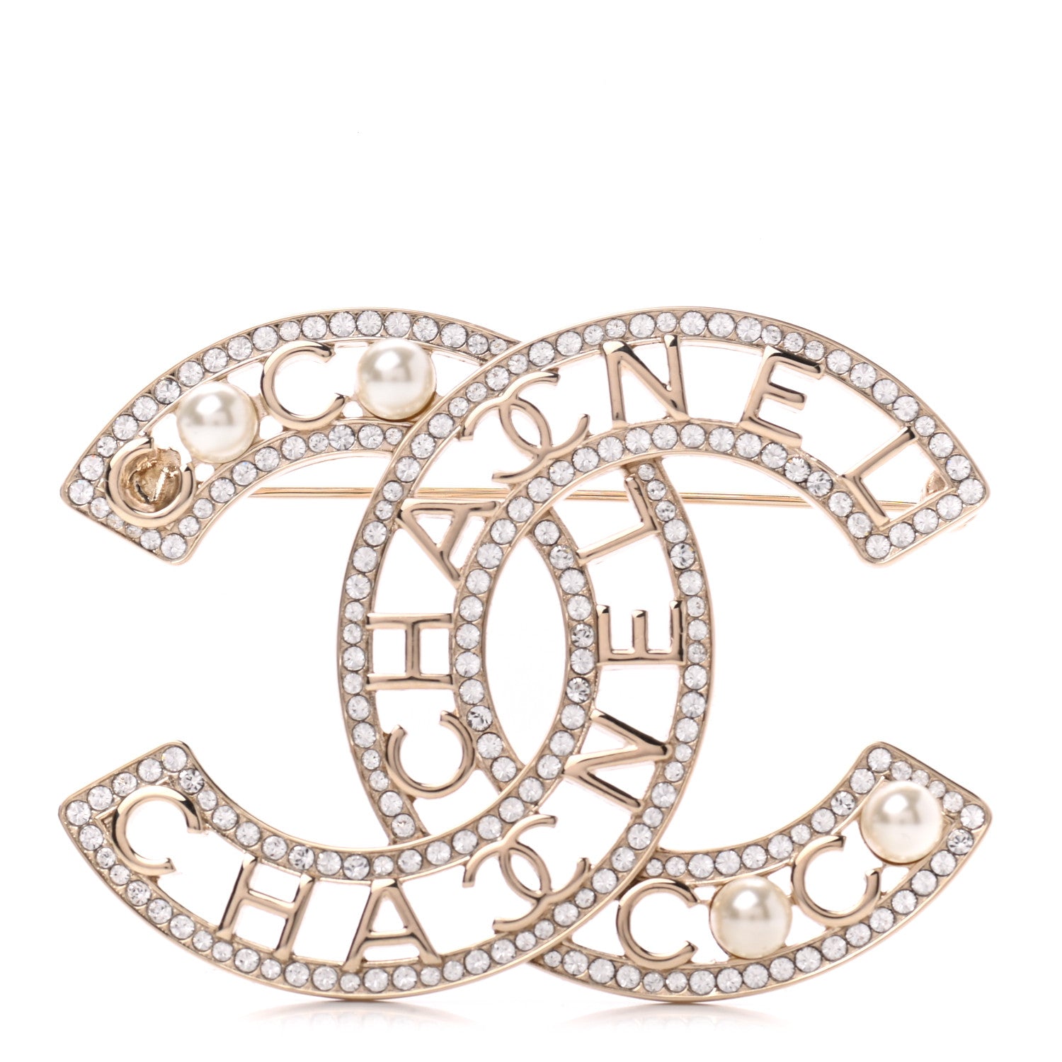 Chanel Crystal Pearl Coco CC Logo Brooch Gold 1 of 3