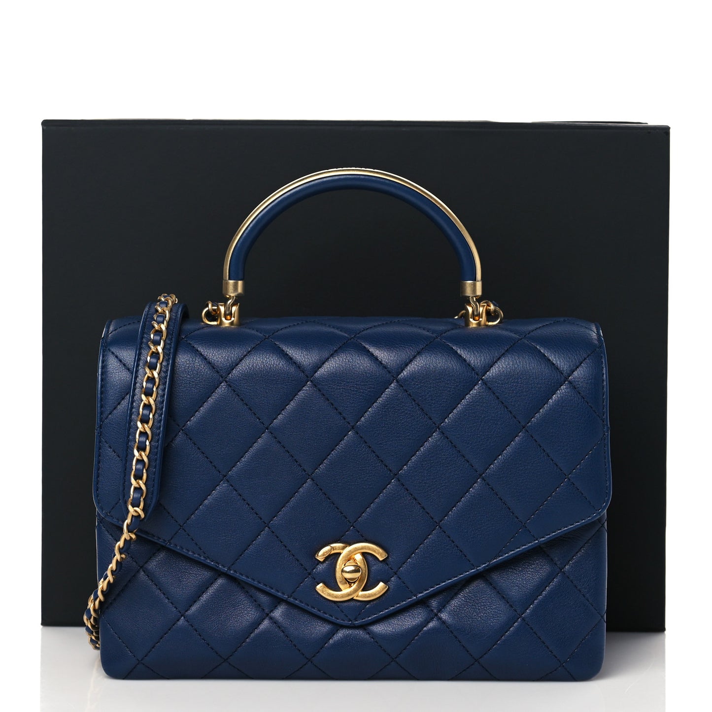 Calfskin Quilted Metal Top Handle Envelope Flap Blue