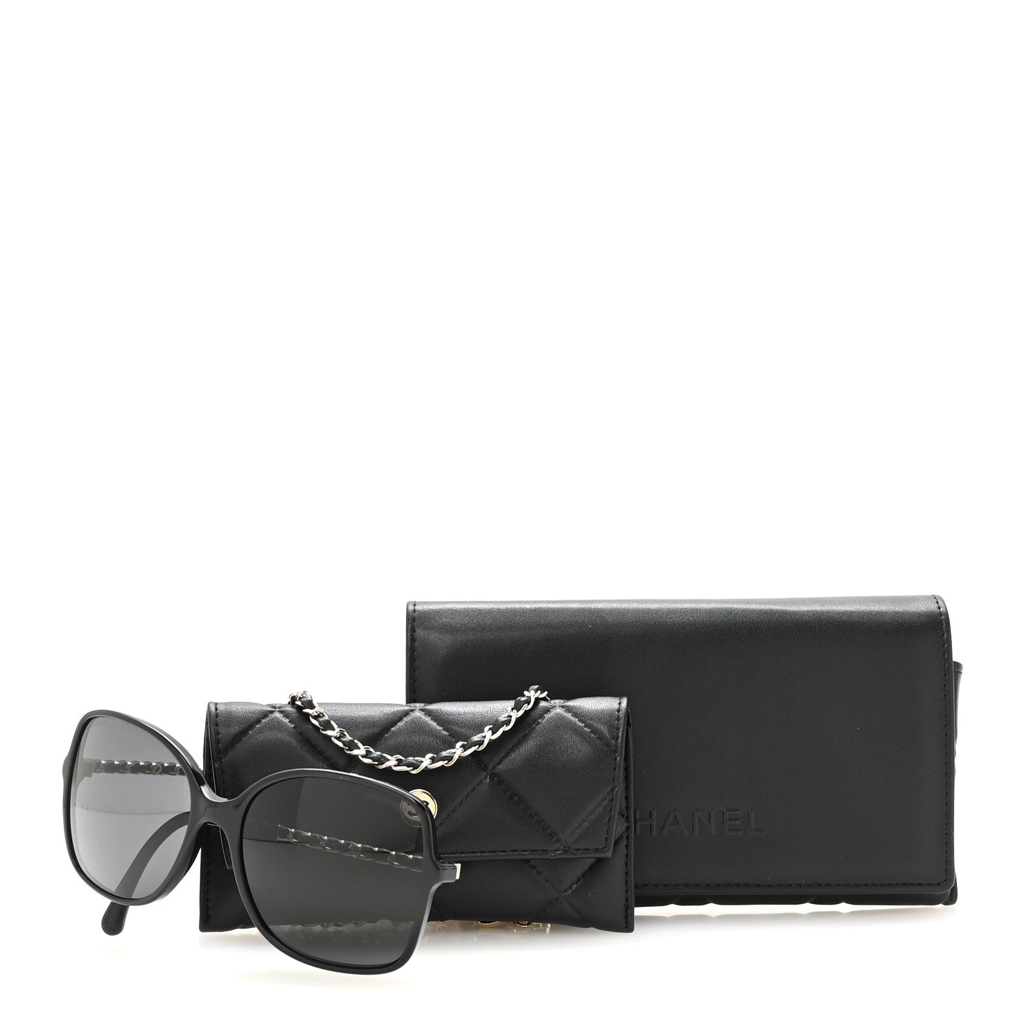 Chanel Acetate Metal Calfskin Square Chain Sunglasses 5210-Q Black Gray 8 of 8