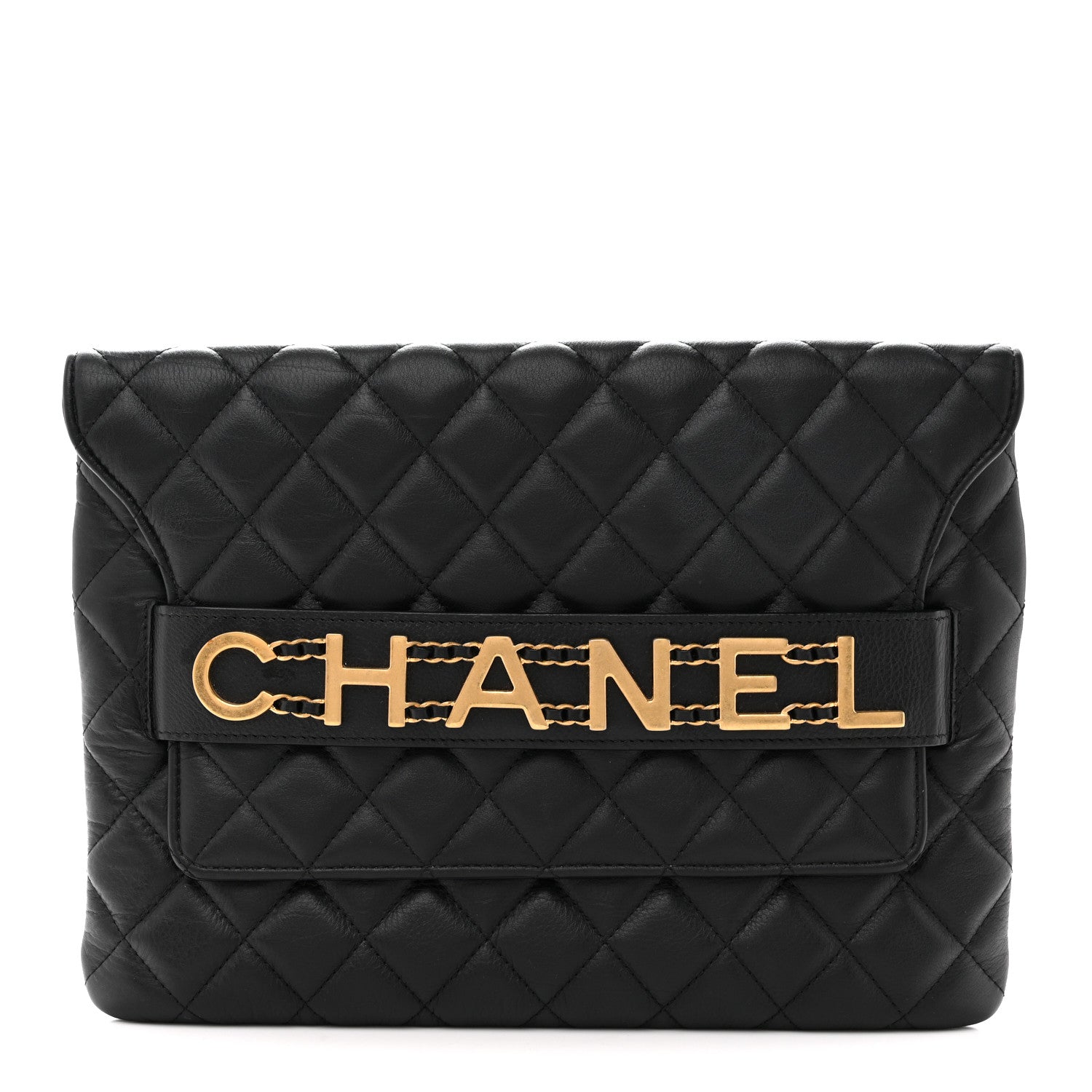 Chanel Calfskin Quilted Front Logo Enchained Clutch Black 1 of 10