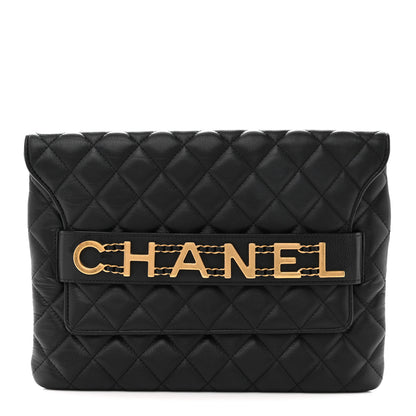 Chanel Calfskin Quilted Front Logo Enchained Clutch Black 1 of 10