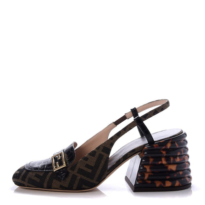 Fendi Jacquard Calfskin FF Tortoise Promenade Slingback Loafer Pumps 38 Tobacco 1 of 9