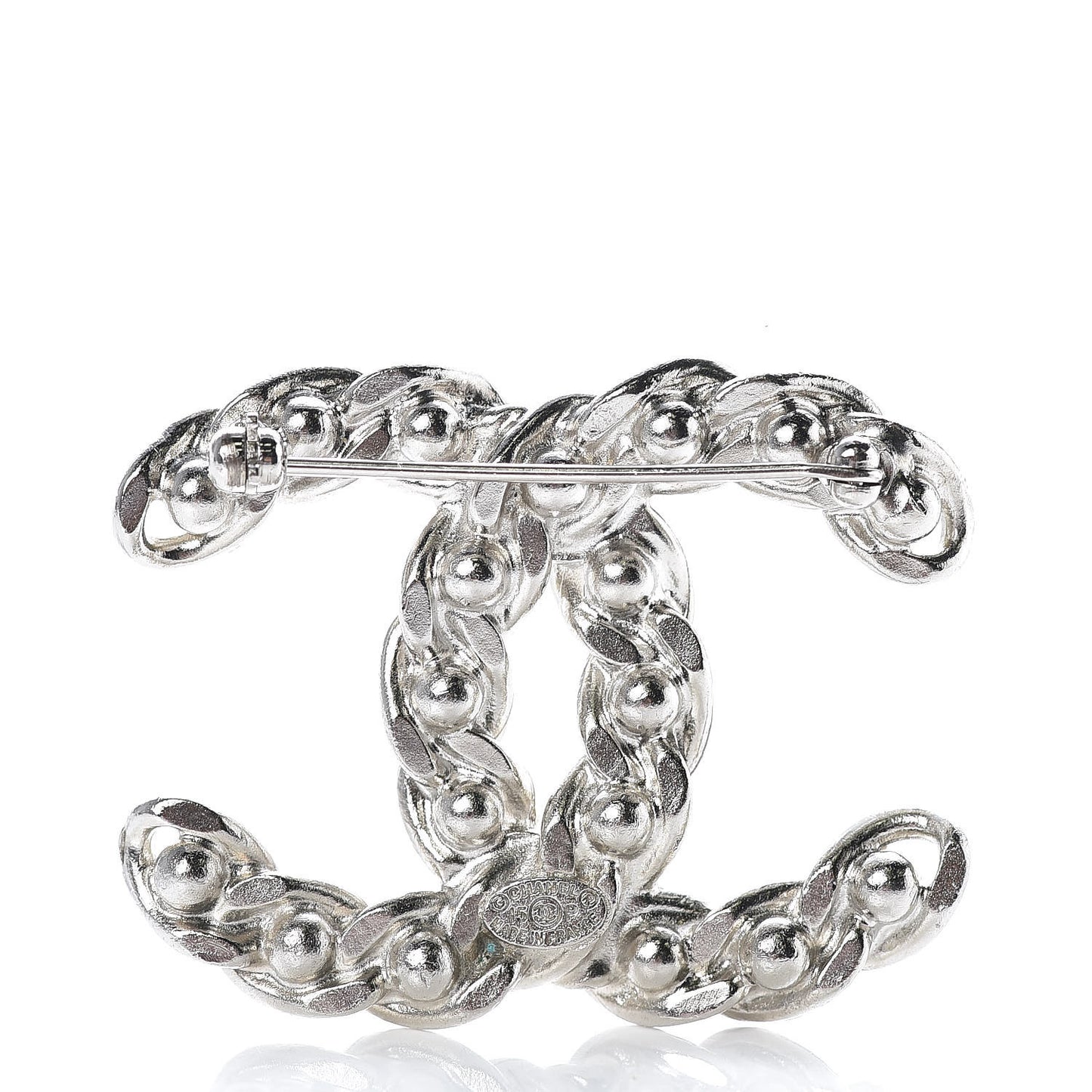 Pearl CC Chain Brooch Silver