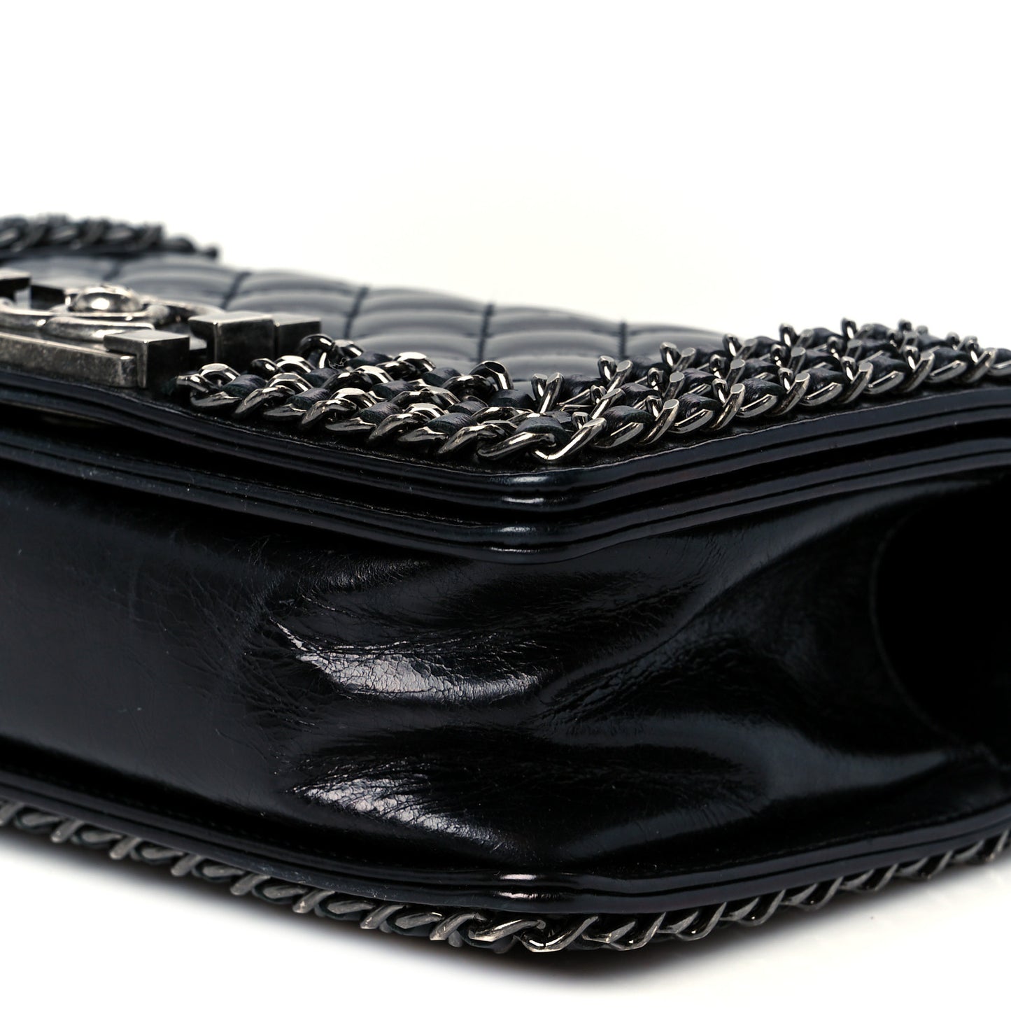Glazed Calfskin Quilted Small Boy Chained Flap Black