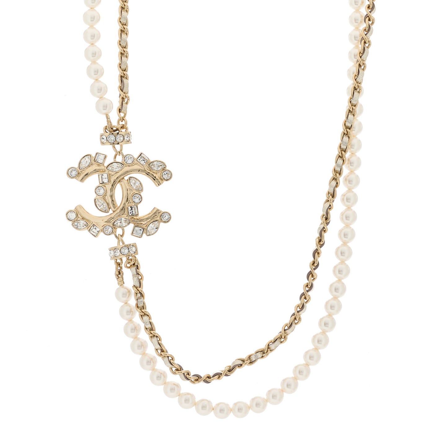 Pearl Crystal Baguette Lambskin CC Double Strand Necklace Gold White