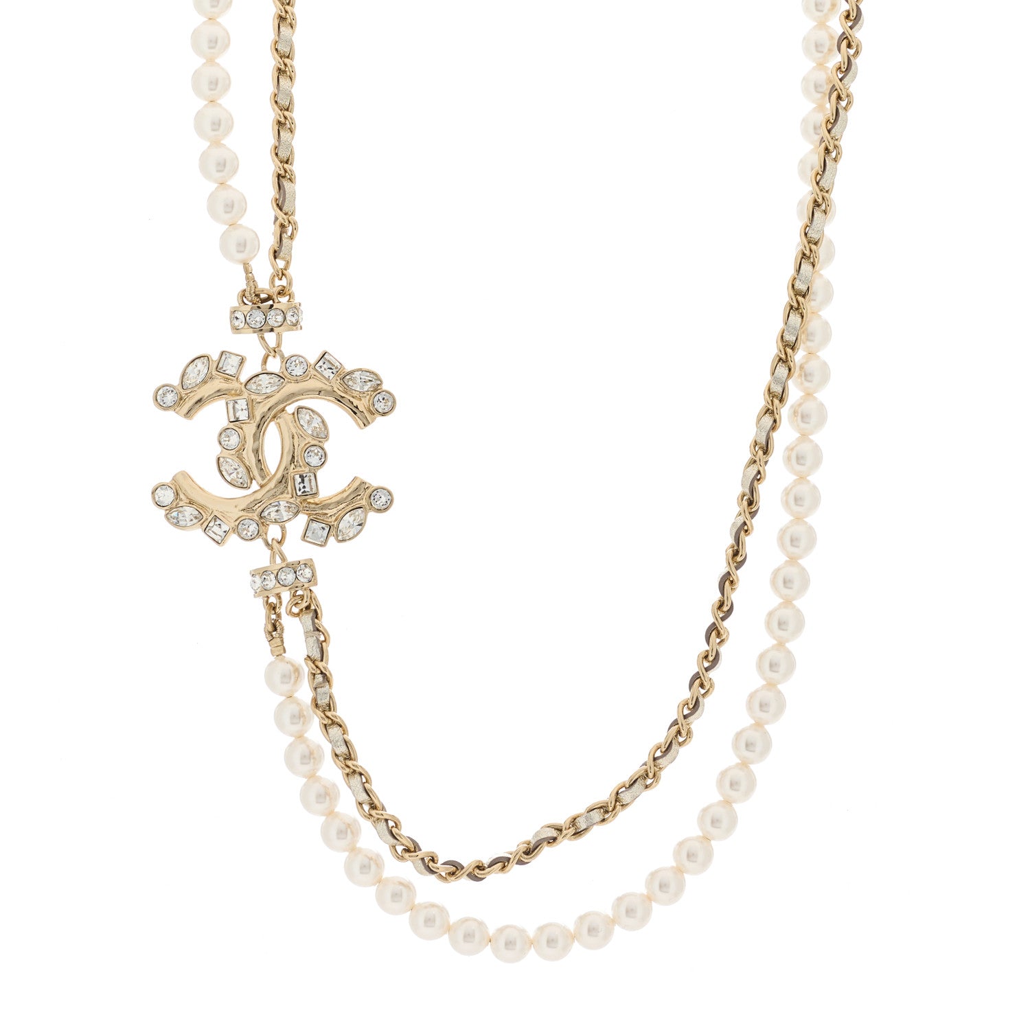 Chanel Pearl Crystal Baguette Lambskin CC Double Strand Necklace Gold White 1 of 5