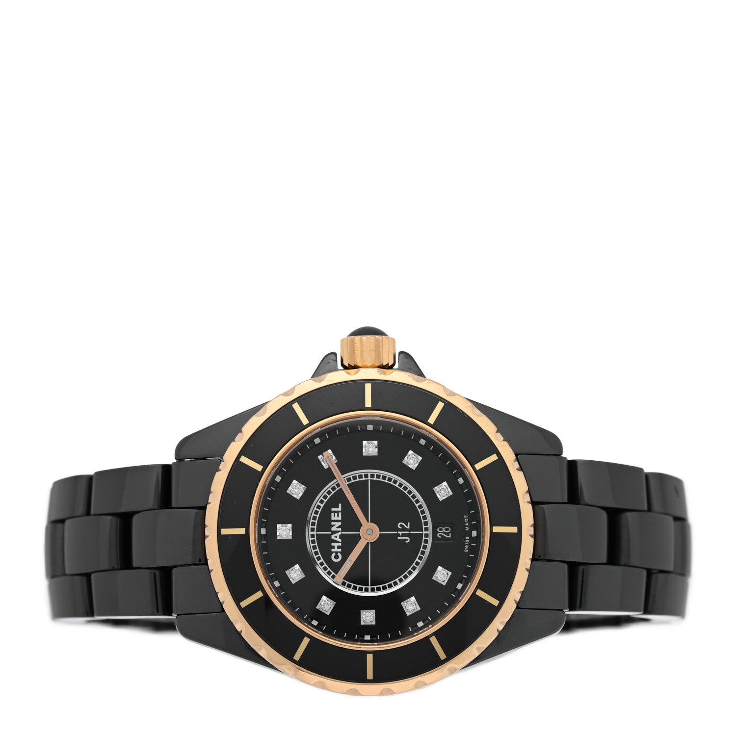 Chanel Stainless Steel 18K Yellow Gold Ceramic Diamond 33mm J12