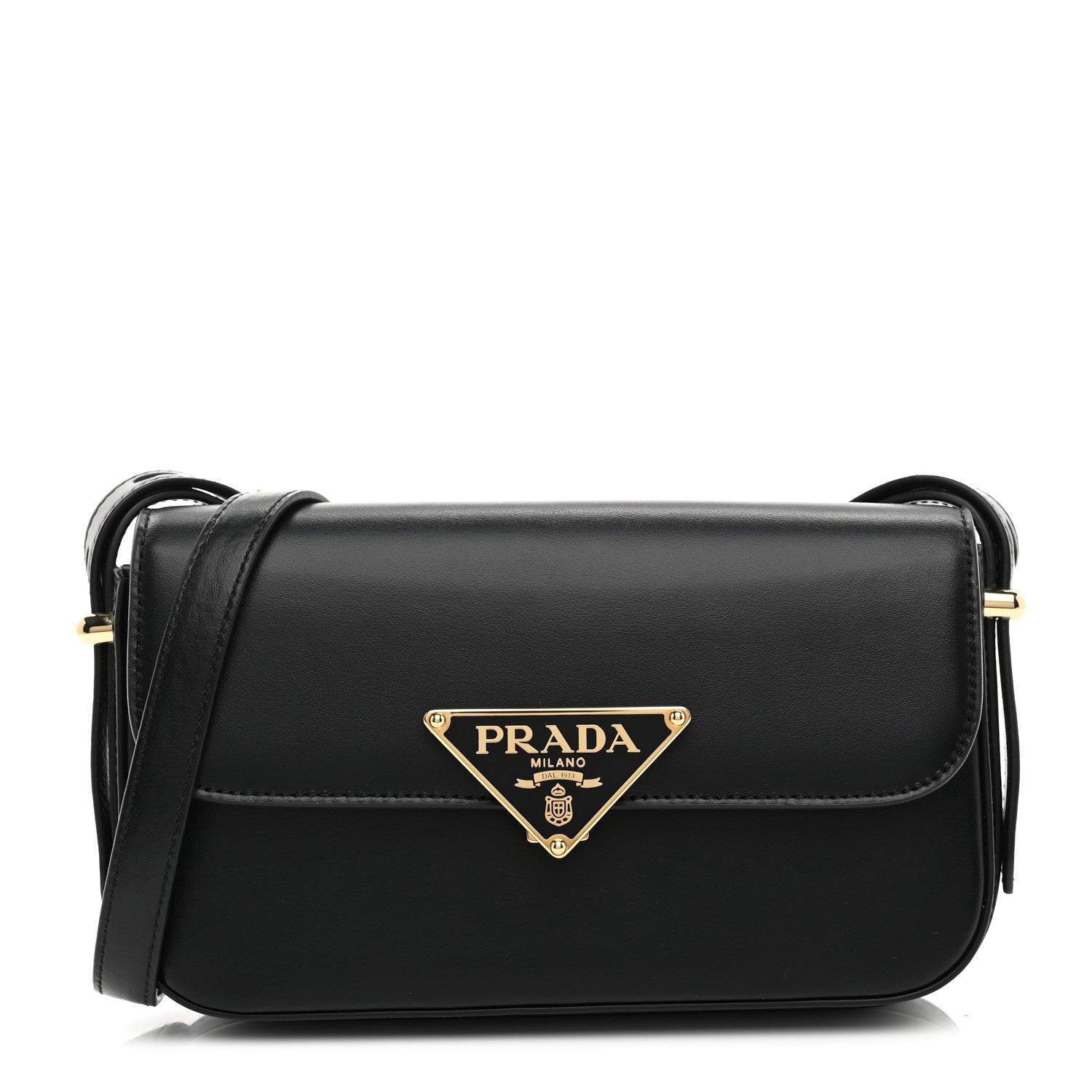 Prada Soft Calfskin Metal Triangle Logo Flap Shoulder Bag Black 1 of 10