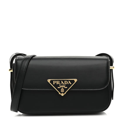 Prada Soft Calfskin Metal Triangle Logo Flap Shoulder Bag Black 1 of 10