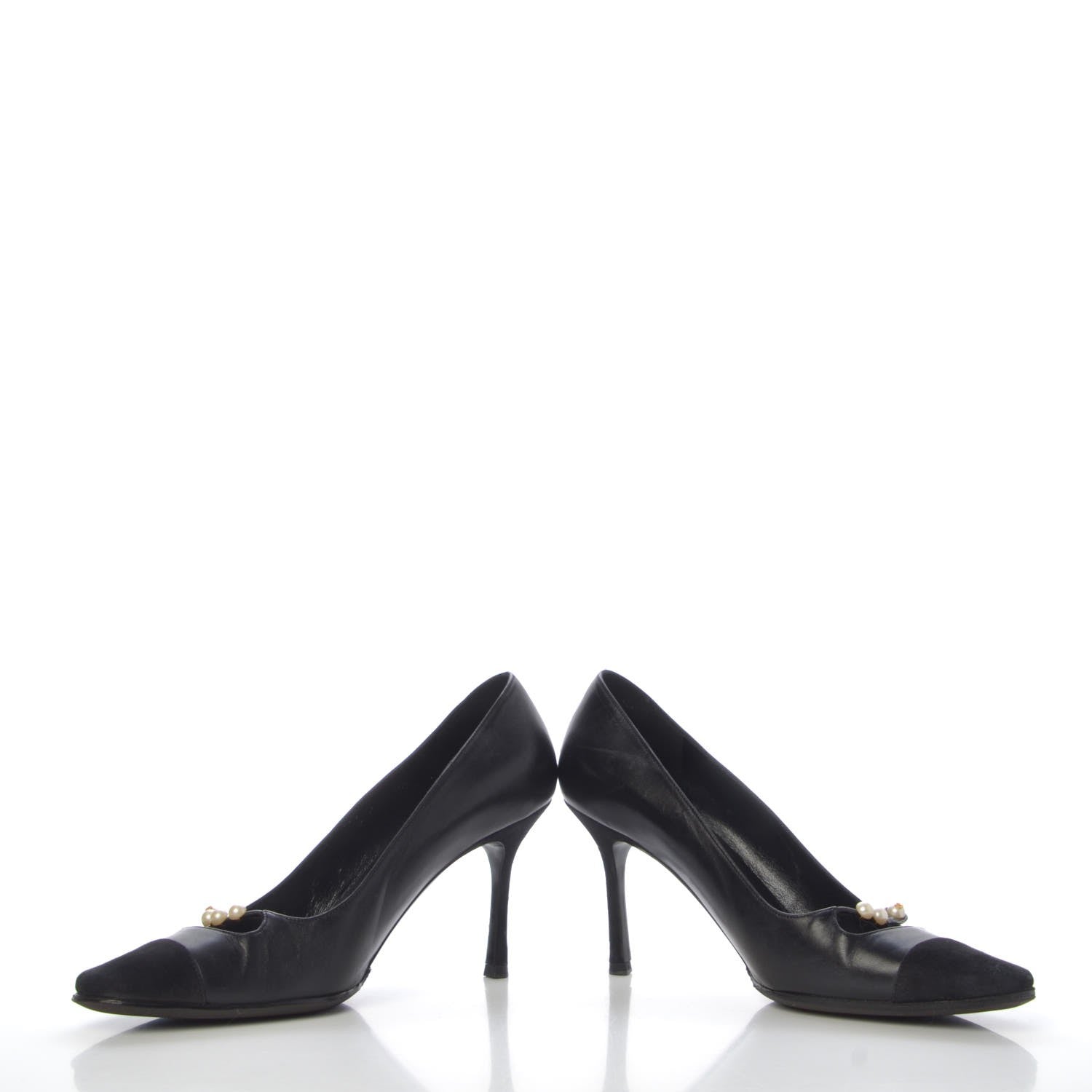 Chanel Lambskin Suede Cap Toe Pearl Pumps 38 Black 6 of 12