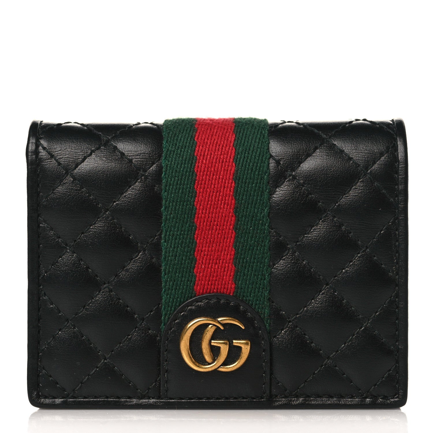 Gucci Calfskin Web Trapuntata GG Marmont Card Case Wallet Black 1 of 7