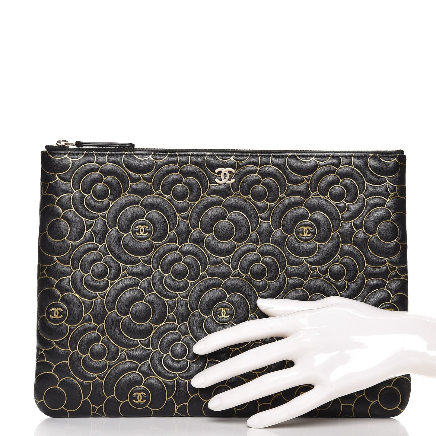 Lambskin Camellia Embossed Medium Cosmetic Case Black Gold