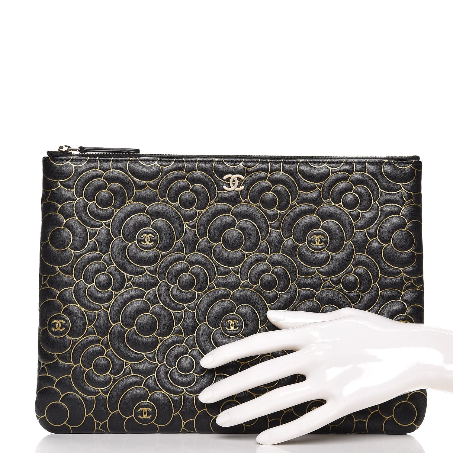 Chanel Lambskin Camellia Embossed Medium Cosmetic Case Black Gold 2 of 8