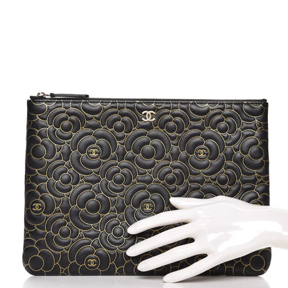 Chanel Lambskin Camellia Embossed Medium Cosmetic Case Black Gold 2 of 8