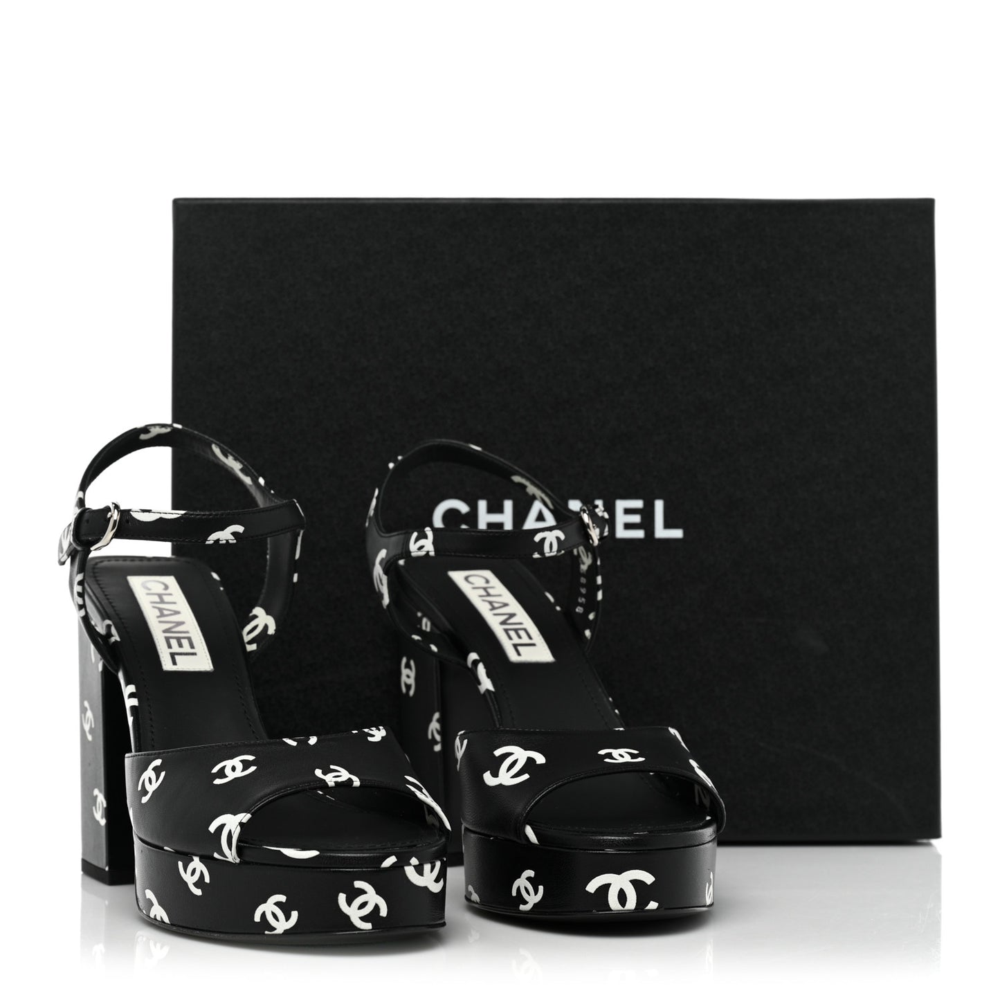 Printed Lambskin CC Platform Sandals 39 Black White