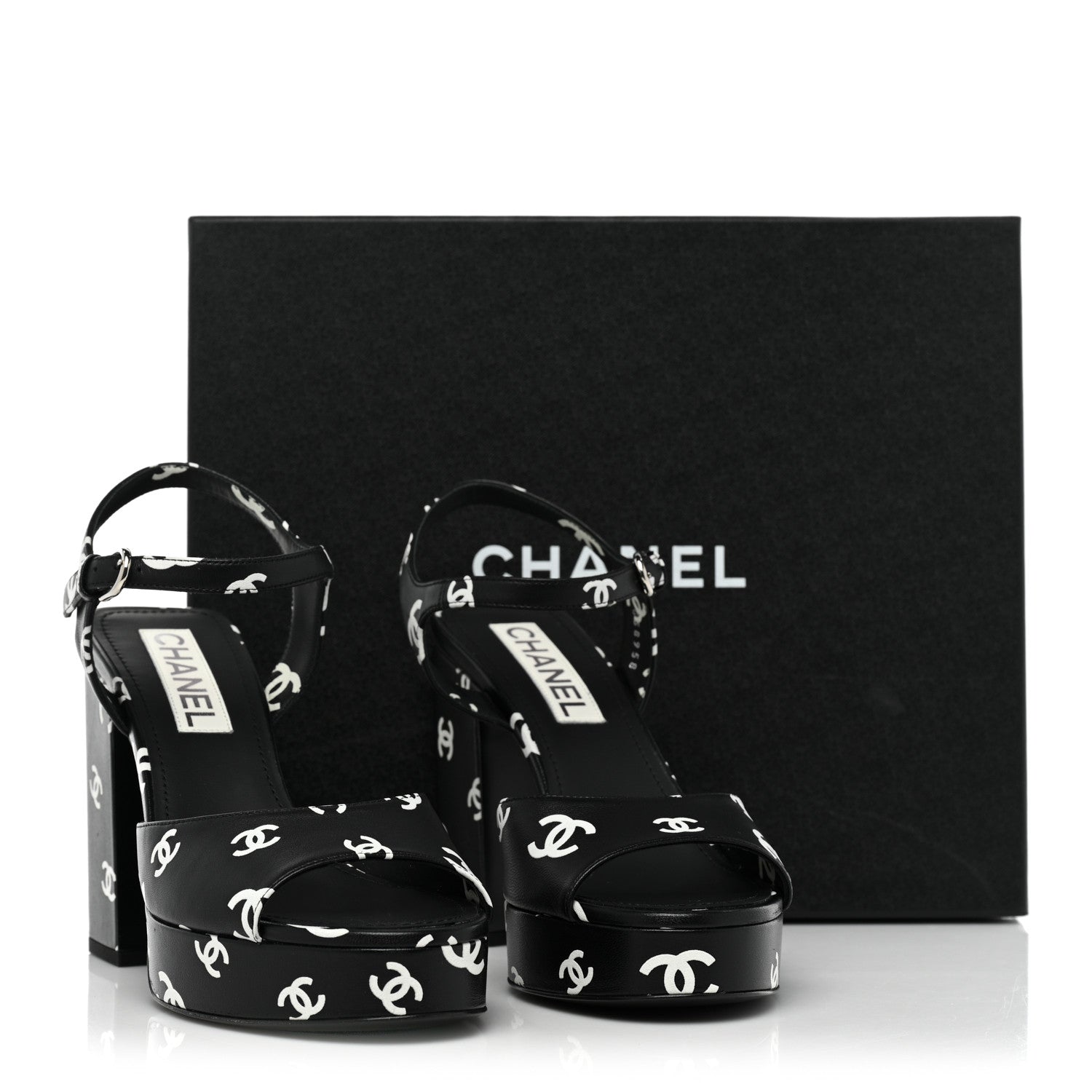 Chanel Printed Lambskin CC Platform Sandals 39 Black White 13 of 13