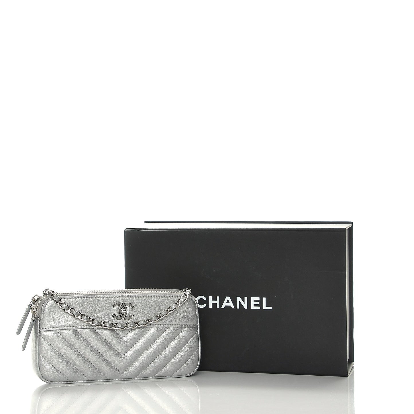 Metallic Sheepskin Chevron Quilted Small Clutch With Chain Silver