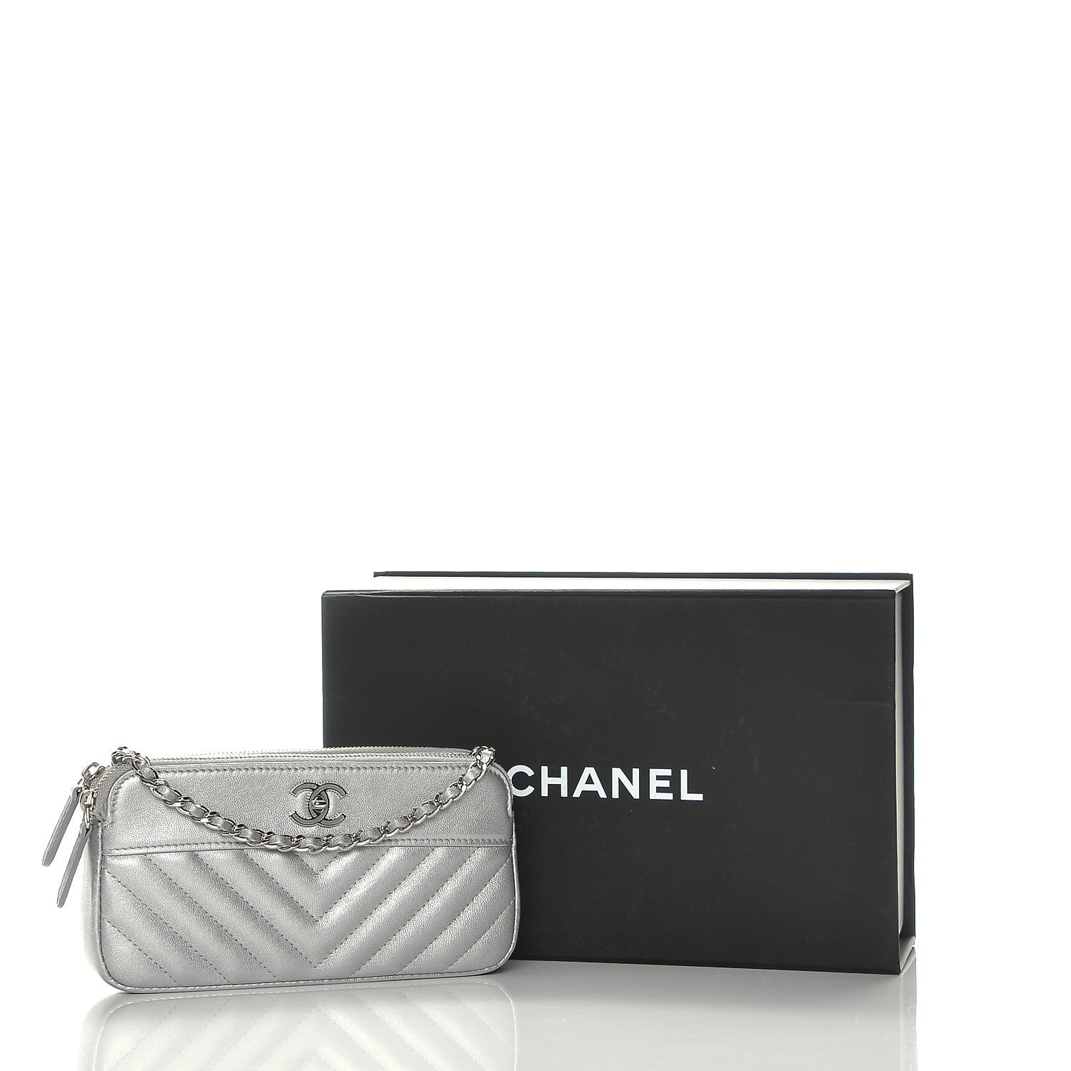 Chanel Metallic Sheepskin Chevron Quilted Small Clutch With Chain Silver 10 of 10