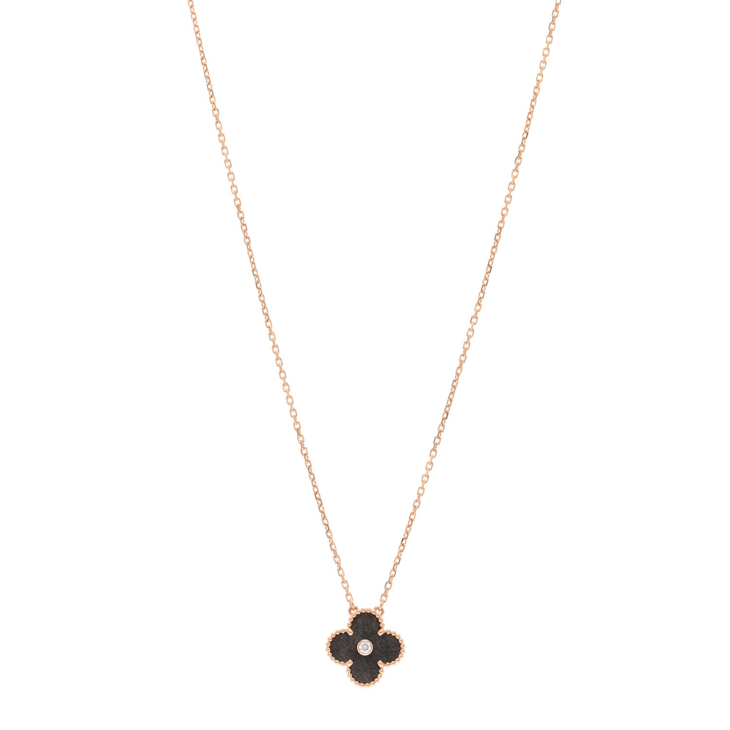 Van Cleef & Arpels 18K Rose Gold Diamond Silver Obsidian Vintage Alhambra Pendant Necklace 1 of 6