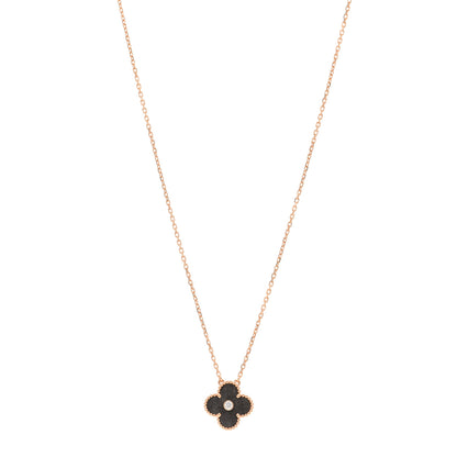 Van Cleef & Arpels 18K Rose Gold Diamond Silver Obsidian Vintage Alhambra Pendant Necklace 1 of 6
