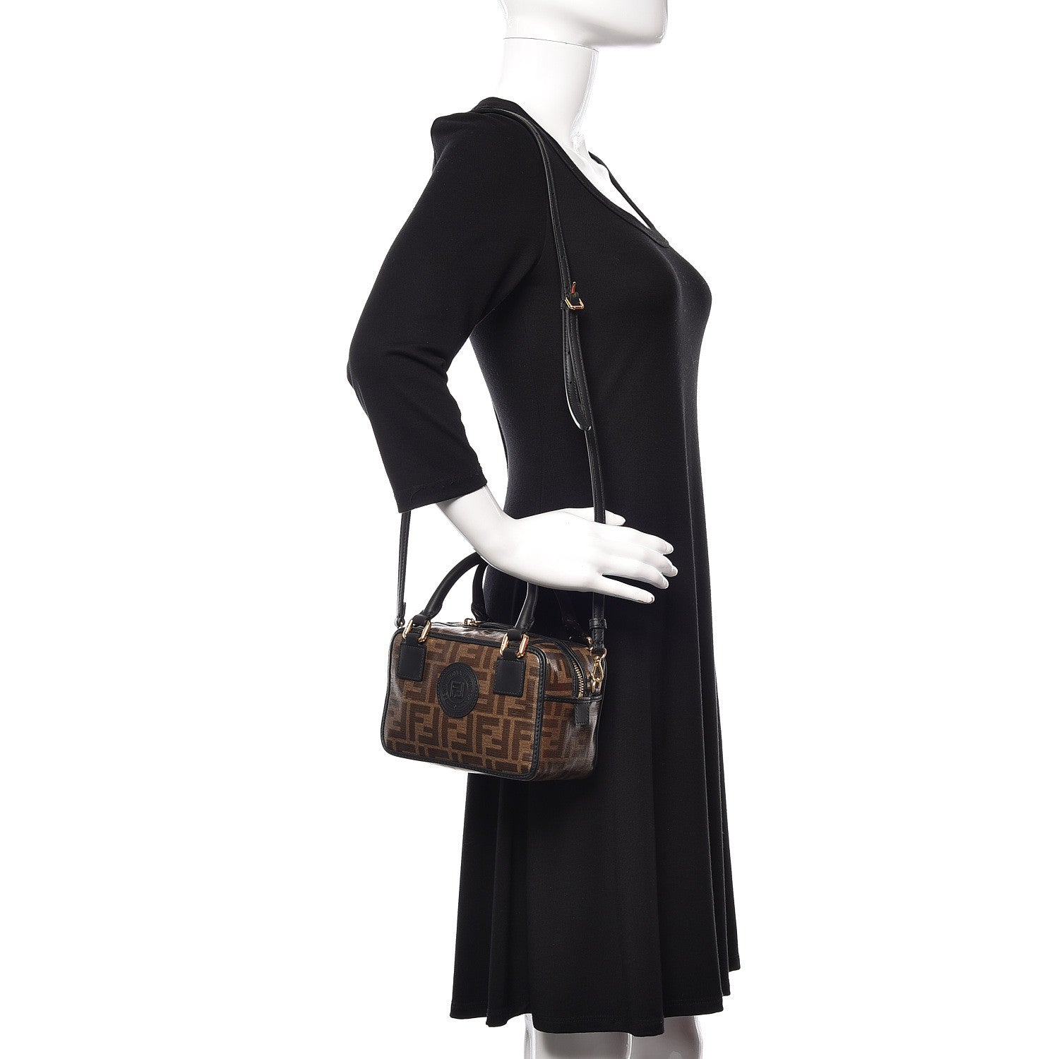 Fendi Glazed Fabric Vitello Century FF 1974 Stamp Patch Mini Boston Box Bag Mogano Panna Black 2 of 10