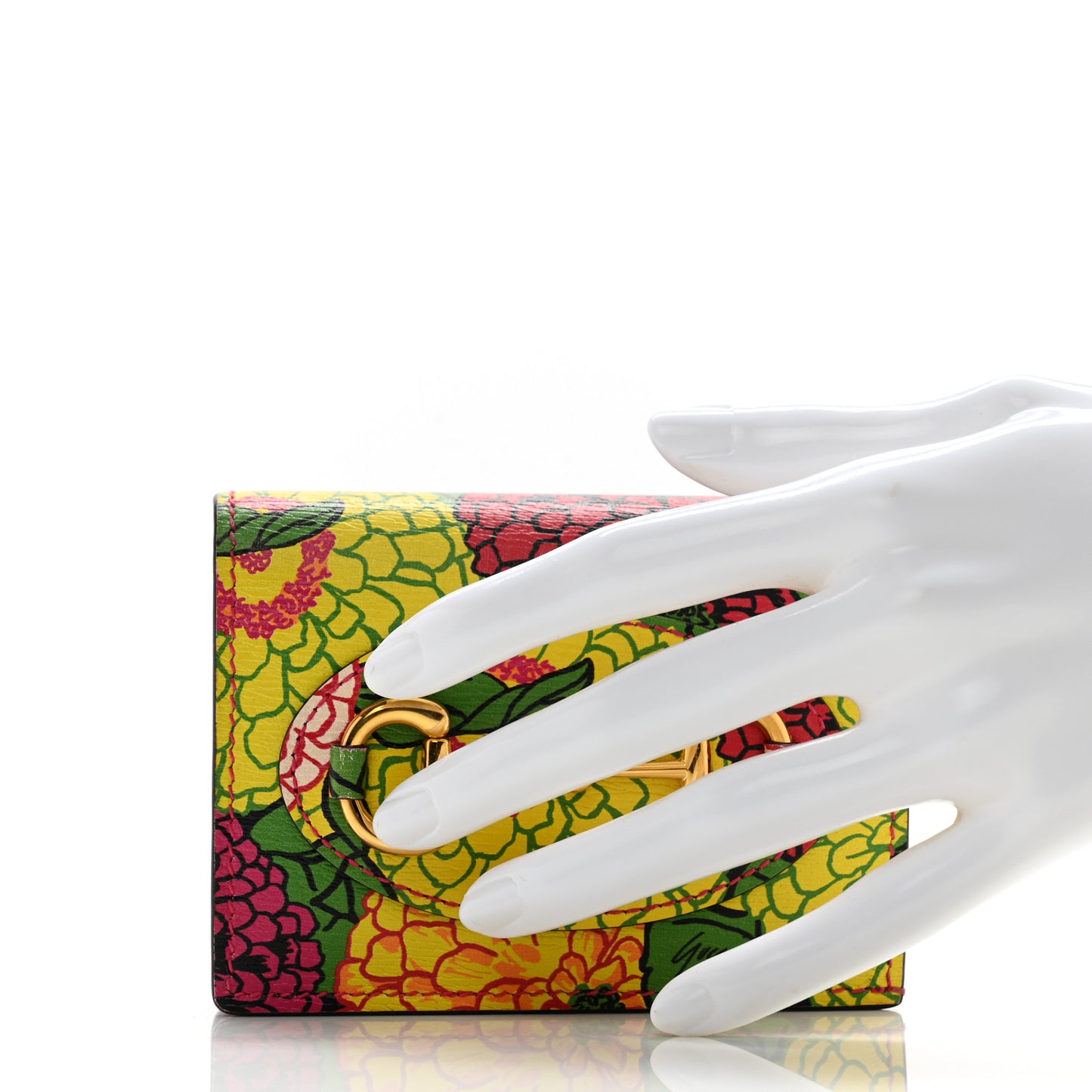 X KEN SCOTT Textured Calfskin Pomponica Print Horsebit 1955 Card Case Wallet Multicolor Fuxia Pompom