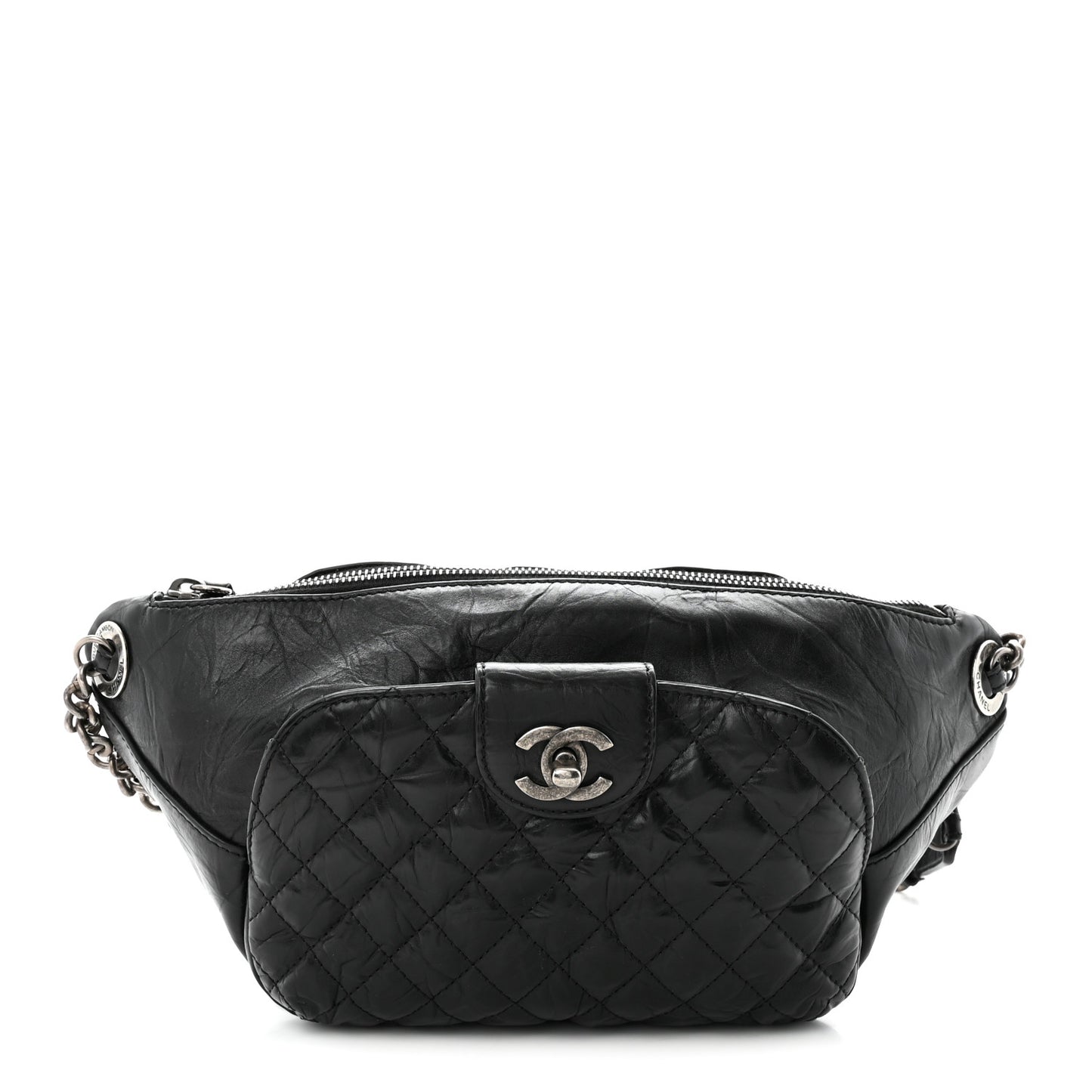 Crumpled Calfskin Quilted Casual Rock Waist Bag Fanny Pack Black
