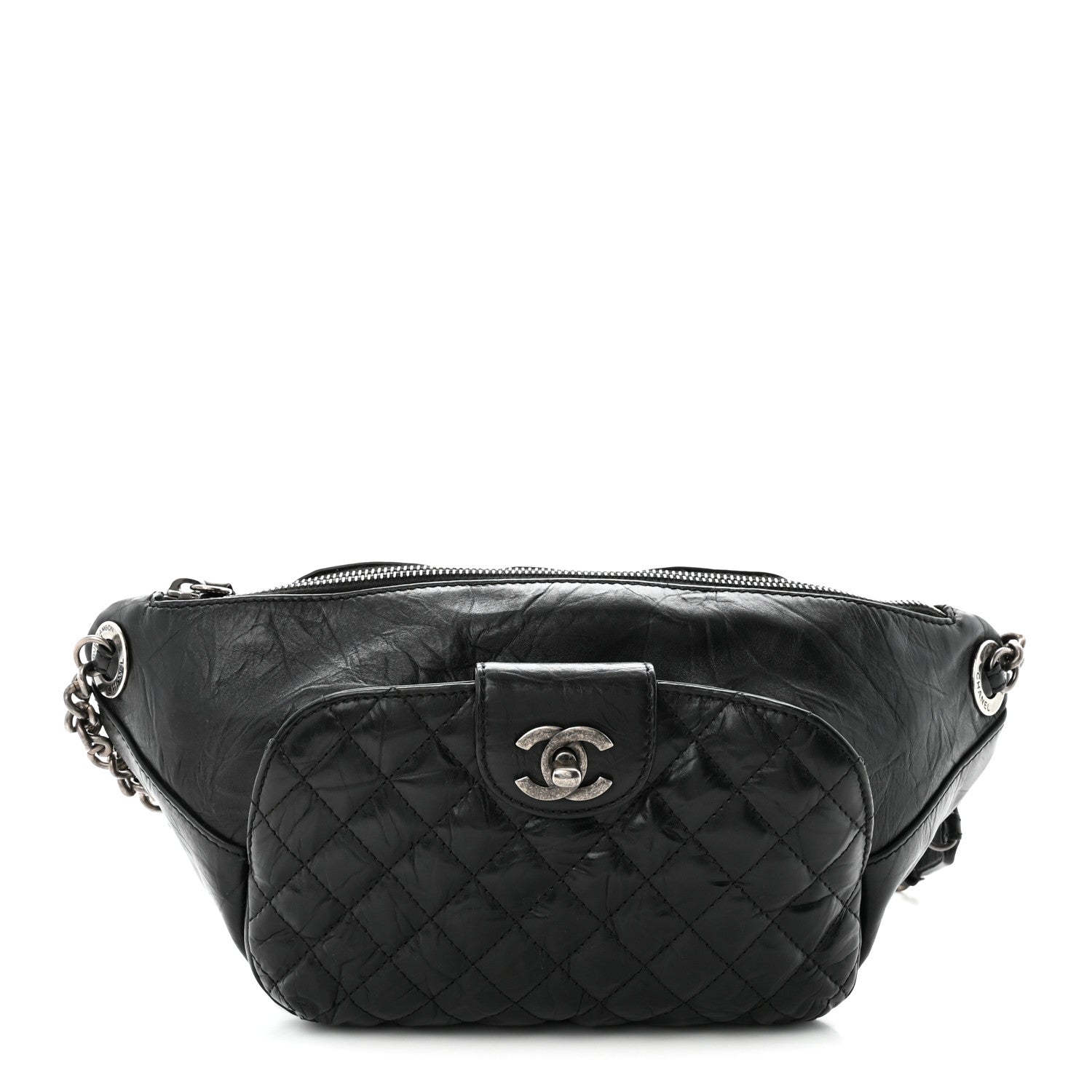 Chanel Crumpled Calfskin Quilted Casual Rock Waist Bag Fanny Pack Black 1 of 10