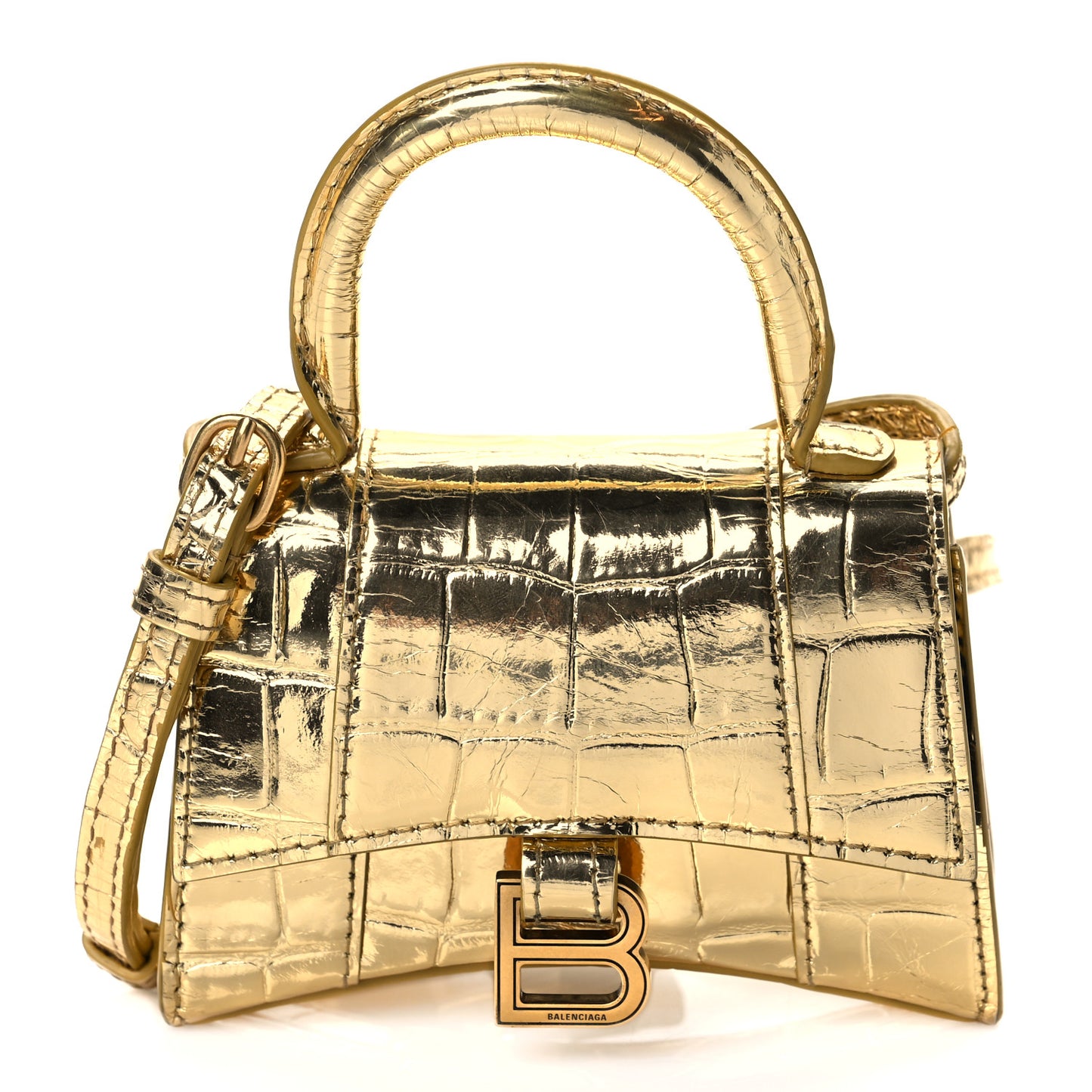 Metallic Calfskin Crocodile Embossed Hourglass Top Handle Bag Mini Gold