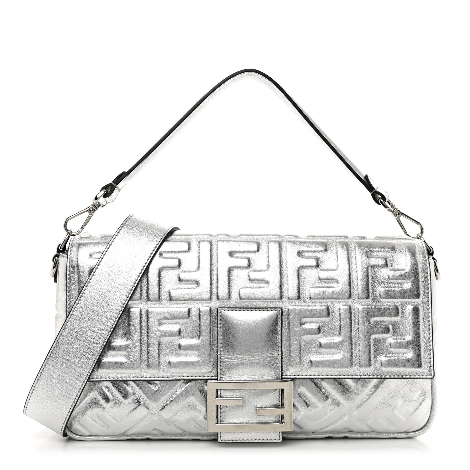 Fendi Vitello Catalan Mirror FF 1974 Embossed Large Baguette Argento 1 of 8