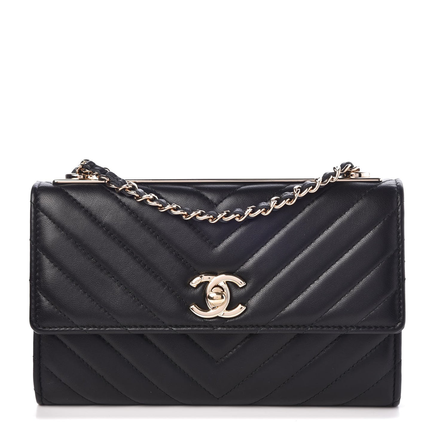 Lambskin Chevron Quilted Trendy CC Wallet On Chain WOC Black
