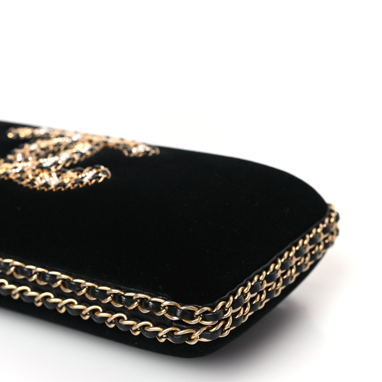 Chanel Velvet Pearl Crystal Sergeant Chain Around Evening Clutch Black Gold 9 of 9