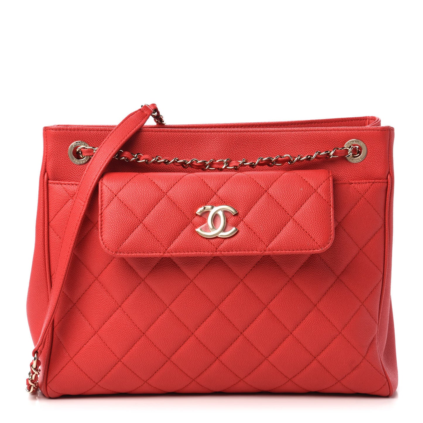 Caviar Quilted In Out Flap Shopping Tote Red