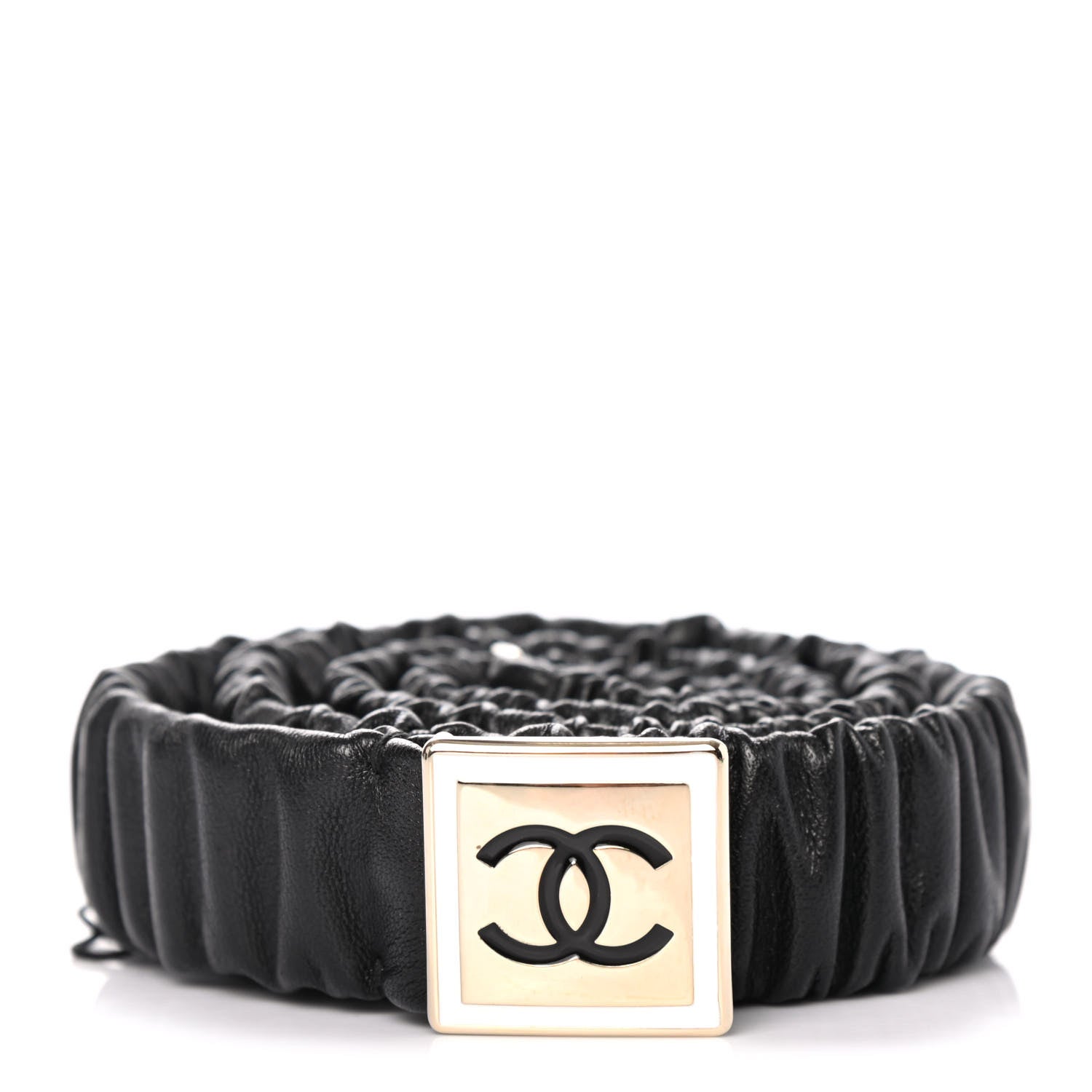 Chanel Lambskin Ruched Enamel CC Belt 85 34 Black White 1 of 3