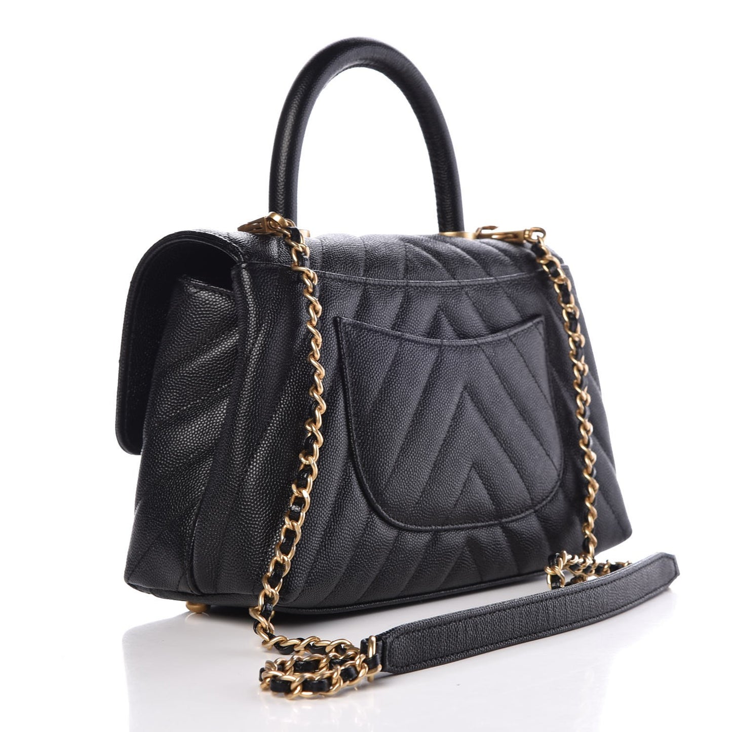 Caviar Chevron Quilted Mini Coco Handle Flap Black