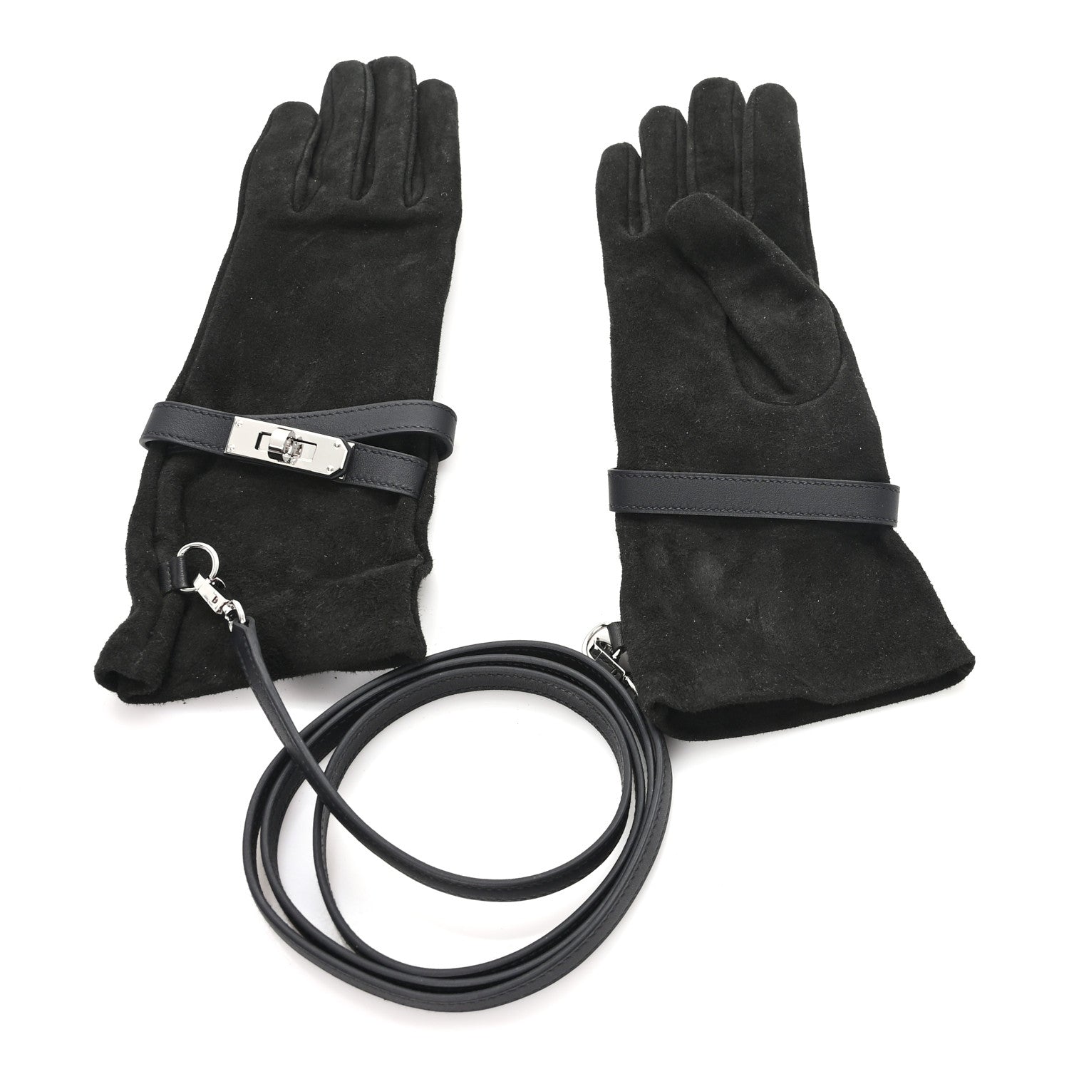 Hermes Suede Lambskin Swift Jade Kelly Lock Gloves Black 1 of 3