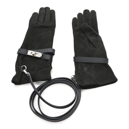 Hermes Suede Lambskin Swift Jade Kelly Lock Gloves Black 1 of 3