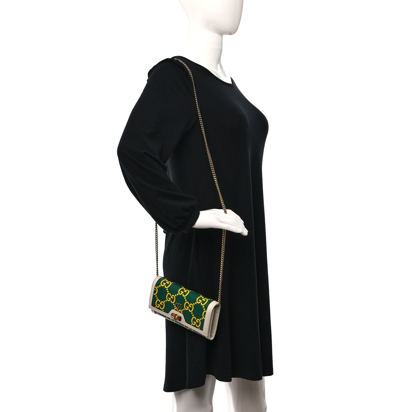 Azalea Calfskin GG Monogram Bi-Color Debossed Diana Chain Wallet Emerald Stone Topaz Mystic White